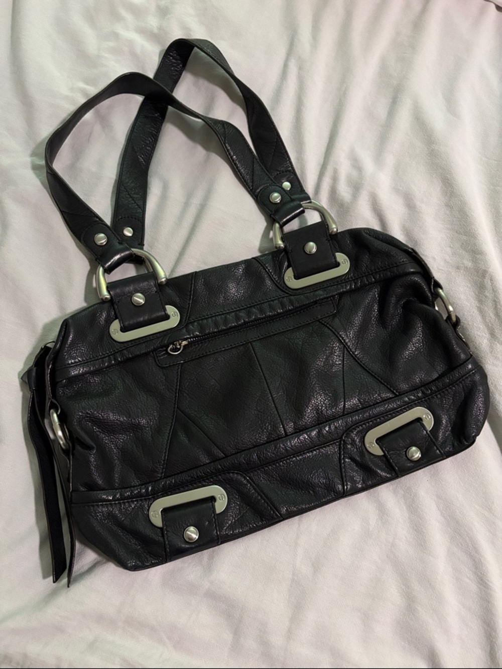 b. makowsky Black Leather Shoulder Bag with Silver Hardware
